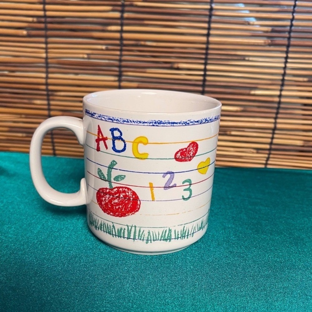 Vintage Russ Berrie Worlds Best Teacher Coffee Mug ABC 123 Apple Ceramic 8373